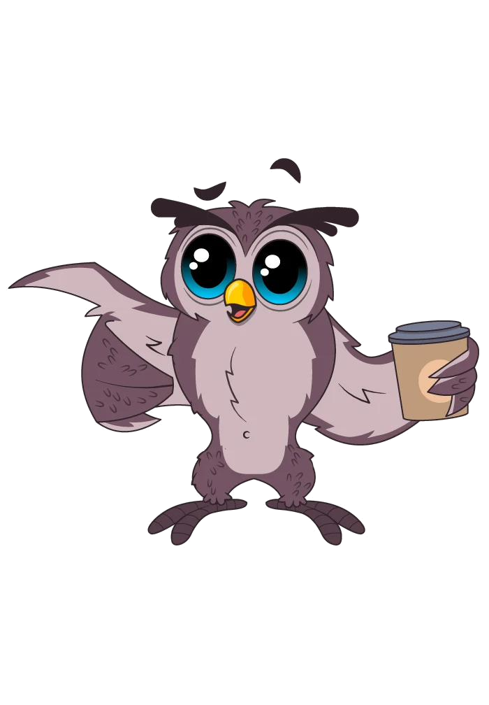 Owl mascot taking a coffee break